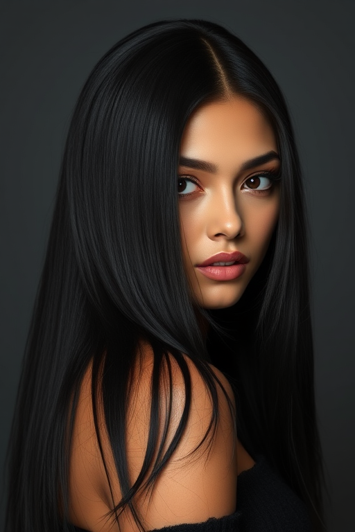 Captivating raven-haired enchantress with hip-length, pin-straight locks, showcasing a dramatic side part and glossy finish