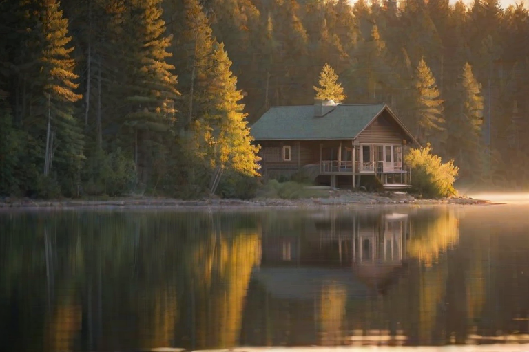 Softly focused photo of a peaceful lakeside cabin at dawn, soft light from the rising sun illuminating the calm water, with distant birds flying overhead and a feeling of quiet serenity.