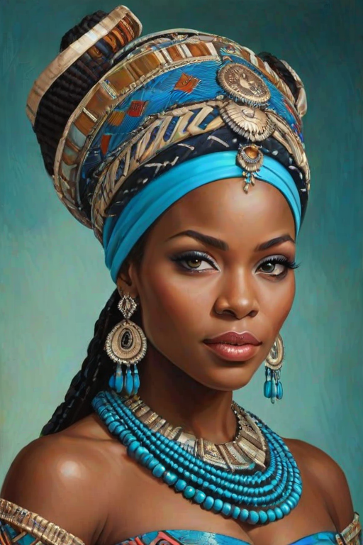 Create a portrait of a beautiful Zulu woman with striking cyan eyes and a gentle expression. She is adorned in traditional attire with intricate patterns, including a richly embroidered headscarf and matching garments. Her jewelry includes a delicate headpiece, dangling earrings, and ornate bracelets, all featuring vibrant gemstones and detailed metalwork. The background is soft and warm, enhancing the rich colors of her outfit and jewelry.