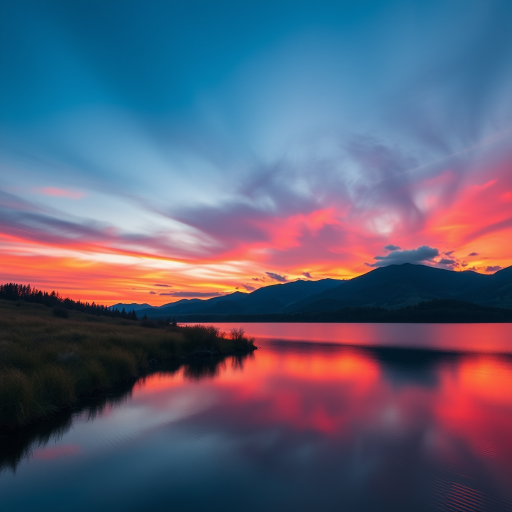 Generate a vibrant, high-resolution image of a serene landscape at sunset, with rich colors reflecting off a calm lake, taken with a Canon EOS 5D Mark IV, 50mm lens, aperture f/8, ISO 100, and shot at eye level.