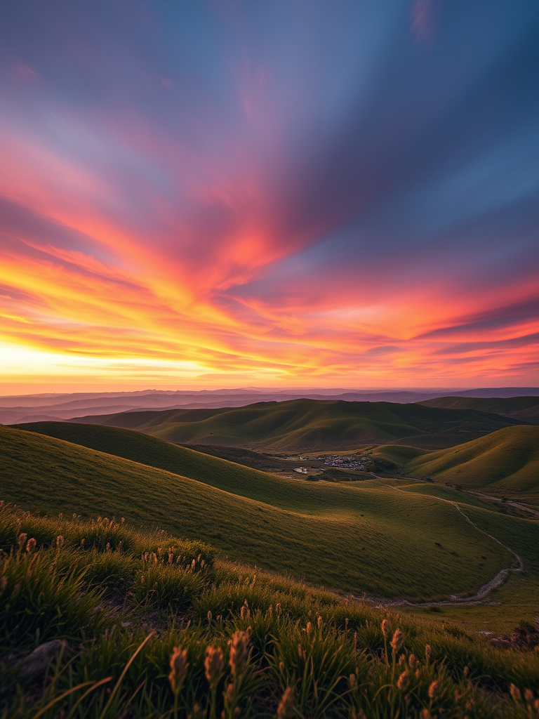 Create a high-resolution image of a serene landscape featuring rolling hills under a vibrant sunset sky, using a Canon EOS R5 camera with a 24-70mm lens, aperture set to f/11, ISO 100, shutter speed of 1/125s, shot from a low angle for a dramatic perspective.