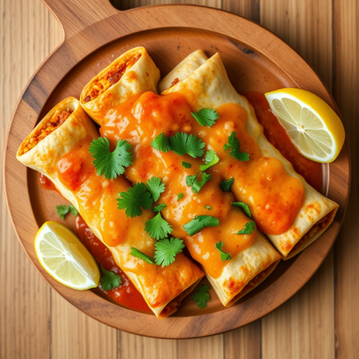 Delicious enchiladas served on a wooden platter with a side of salsa, garnished with fresh cilantro and a lemon wedge, photographed with a Canon EOS R5, 50mm lens, f/1.8, ISO 100, natural soft lighting, top-down view.