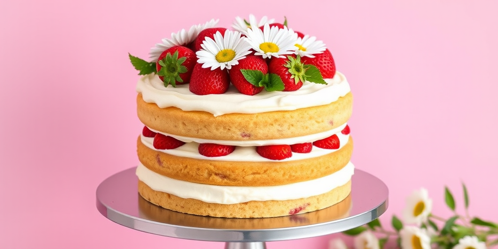 A beautifully decorated three-layer cake with cream frosting topped with fresh strawberries and daisies on a silver cake stand with a soft pink background.