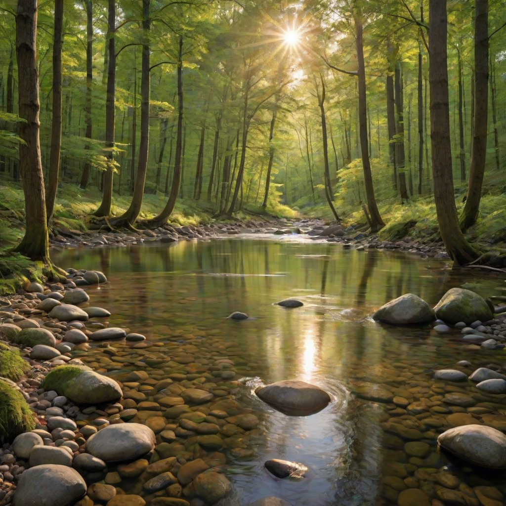 Create an image of a serene, sunlit forest scene with a clear, gently flowing river. Tall trees with lush green foliage line both sides of the river, their leaves bathed in the warm golden light of the setting or rising sun. The sunlight filters through the trees, casting soft, dappled light on the river, which flows over smooth rocks and pebbles, creating a peaceful, natural atmosphere. The sky is bright with a few scattered clouds, and the overall mood is tranquil, evoking a deep sense of connection with nature. The image captures the beauty of a calm, pristine forest landscape at either dawn or dusk.