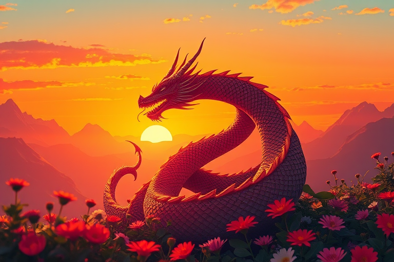 Create a vibrant, stylized image of a dragon coiled among mountains and flowers at sunset, using a digital illustration style, shot with a Canon EOS 5D Mark IV, 50mm lens, aperture f/4, ISO 100, and a low angle view to enhance color saturation and detail.