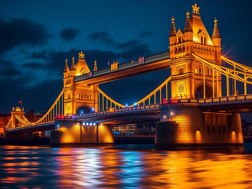 Create a vibrant digital artwork of a bridge with towers at night, illuminated in golden lines with sparkling lights, using a Canon EOS R5 camera, f/1.8 aperture, 24mm lens, ISO 100, long exposure setting, and a high dynamic range view to enhance the image quality.