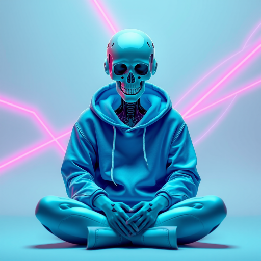 Create a high-resolution digital artwork of a futuristic humanoid with a translucent skull, wearing a blue hoodie and seated cross-legged, surrounded by abstract neon vectors in pink and blue, shot with a Canon EOS R5, 50mm lens, f/1.8, ISO 100, soft focus background.