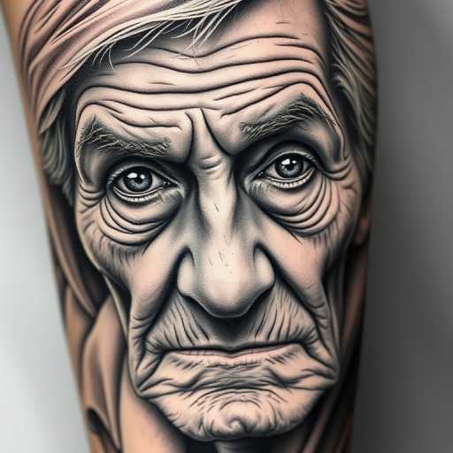 Realistic grayscale tattoo titled "Timeless Portrait" depicting a highly detailed elderly face with deep wrinkles wisdom-filled eyes and weathered skin textures capturing the essence of life's journey through expert shading techniques