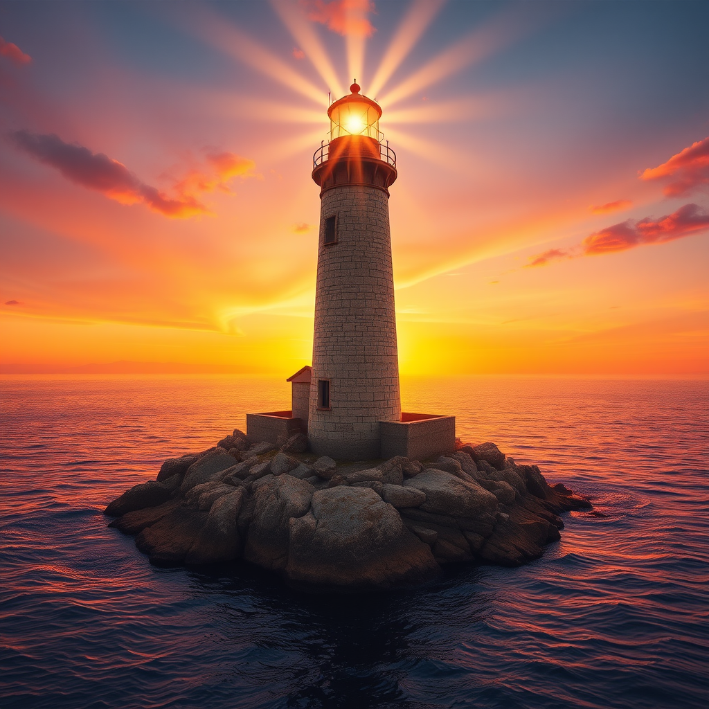 Generate an image of a tall lighthouse perched on a rocky outcrop surrounded by calm ocean waters during a breathtaking sunset. The lighthouse stands sturdy and weathered, its stone surface illuminated by the warm golden light of the setting sun. The sun's rays pass directly through the glass lantern room at the top of the lighthouse, casting a brilliant light across the scene. The sky is painted with vibrant shades of orange, pink, and purple, reflecting off the tranquil sea. The surrounding water shimmers with the same warm hues, creating a serene and majestic atmosphere.