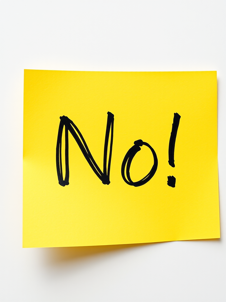 Create a high-resolution image of a yellow sticky note with the word "No!" written in bold, hand-drawn style in black ink, captured in a close-up view using a DSLR camera with a 50mm lens, aperture set to f/2.8, ISO 100, and natural lighting for enhanced clarity and detail.