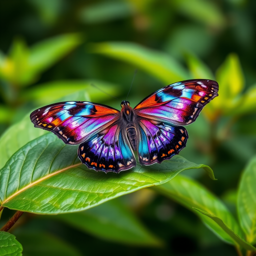 Generate an image of a vibrant butterfly perched on a green leaf. The butterfly should have intricate patterns in shades of blue, purple, and orange, showcasing its colorful wings against a softly blurred background of foliage. The scene should convey a sense of tranquility and natural beauty.