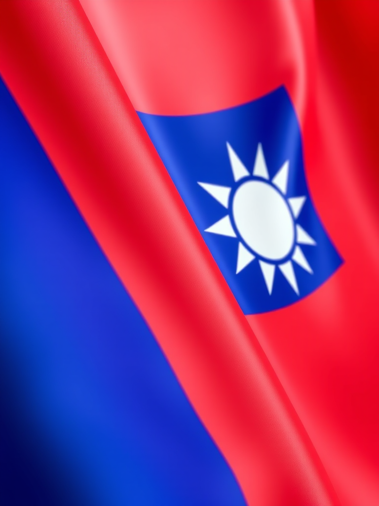 Create a high-resolution image of the Taiwan flag, emphasizing the blue and red colors with a glossy finish, captured with a DSLR camera at f/8 aperture, ISO 100, and 50mm lens, using a dynamic angle to highlight the flag's design and texture against a soft-focus background.