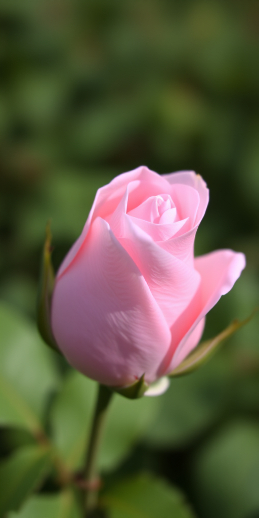 Close-up of a soft pink rose bud with blurred green background, shallow depth of field, aperture f/2.8, ISO 100, 50mm lens, taken with a DSLR camera in natural light.