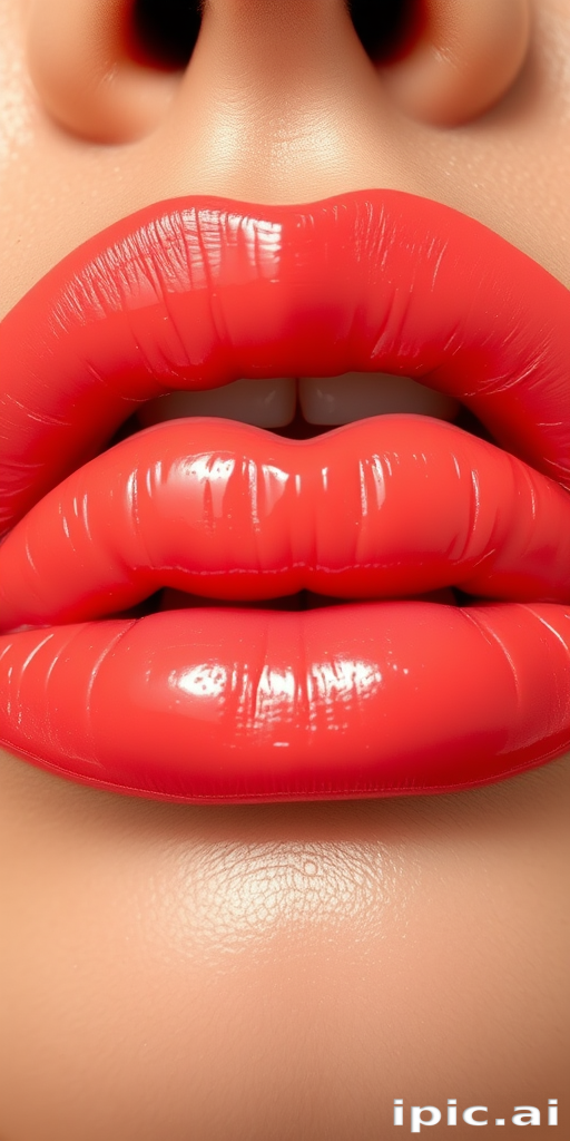Vibrant coral lips with a glossy finish, showcasing a plump and voluminous appearance, featuring subtle ombre effects and a hint of shimmer, perfect for a summer beach look