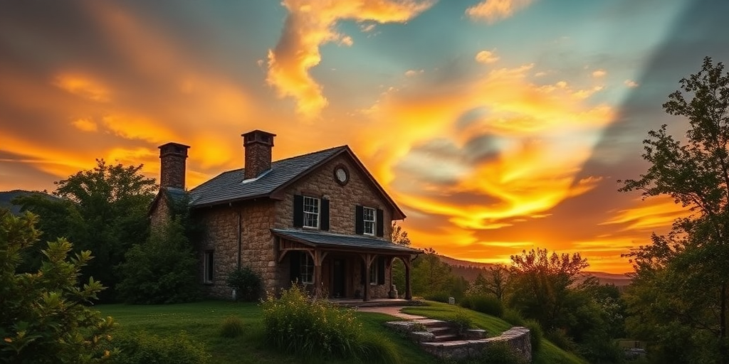 Capture a high-resolution image of a rustic stone house surrounded by lush greenery under a dramatic sunset sky, using a DSLR camera with a 24mm lens, aperture f/8, ISO 100, 1/125 sec shutter speed, in a wide-angle view to enhance depth and detail.