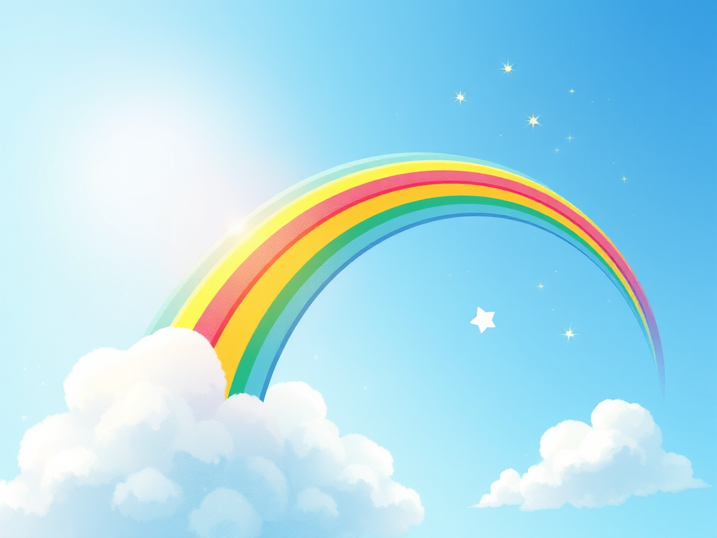 create a whimsical illustration of a vibrant rainbow with multiple colors arching across a bright blue sky filled with soft, fluffy clouds and a few sparkles around the rainbow