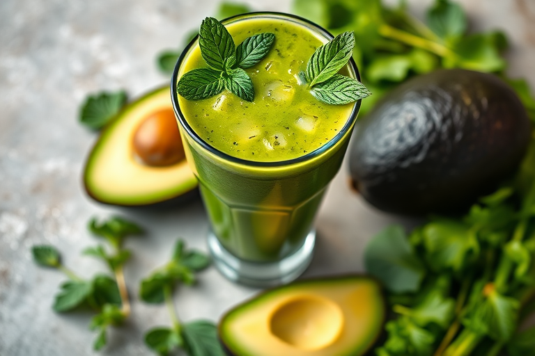 Fresh green smoothie in a tall glass with mint leaves, avocado slices, and various greens around it, taken with a Canon EOS R5, 50mm lens, f/1.8 aperture, ISO 100, natural lighting, top-down view.