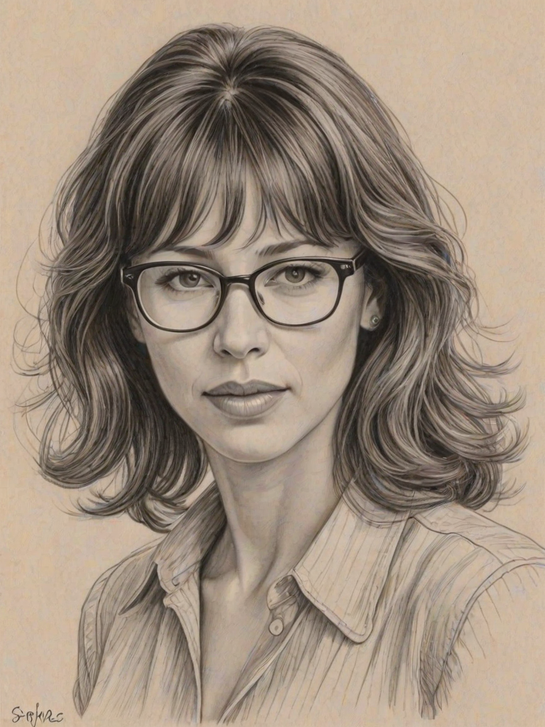 Beauteous Sophie Marceau, pencil sketch, portrait of Splendid woman 1941s in glasses, hair style beatnik, outline, clear lines, fine lines, 8k