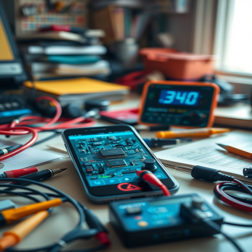 Create a high-resolution image of a cluttered workspace featuring a smartphone displaying a circuit board, with a digital multimeter showing a reading of 340, soft focus background, shallow depth of field, f/1.8 aperture, 50mm lens, ISO 100, natural lighting.