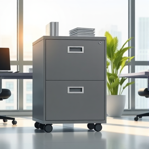 Create a high-resolution illustration of a two-drawer filing cabinet in a modern office setting, with soft natural lighting, using a digital camera with a focal length of 50mm, aperture set at f/4, and a slight vignette effect to enhance the visual interest.