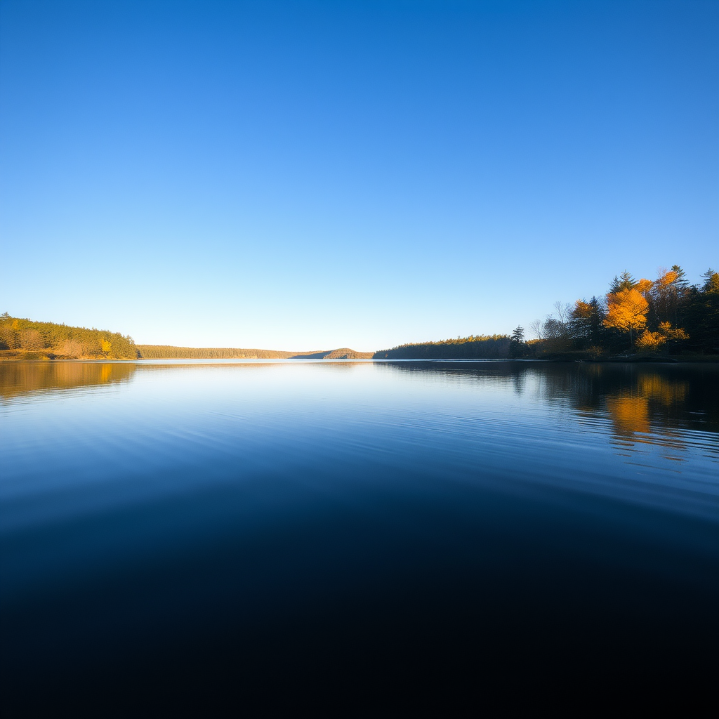 A serene lake at sunrise with clear blue skies and autumn-colored trees reflecting on the water, captured with a Canon EOS R6, 24mm lens, f/8 aperture, ISO 100, and a slow shutter speed to enhance the smoothness of the water surface.