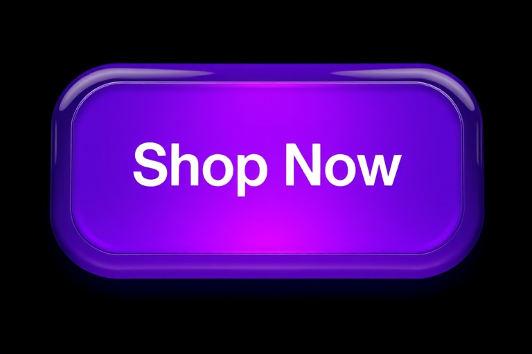 Create a high-resolution image of a purple "Shop Now" button with a glossy finish, taken with a DSLR camera at f/2.8 aperture, ISO 100, 50mm lens, in a studio setting with soft, diffused lighting for enhanced clarity.
