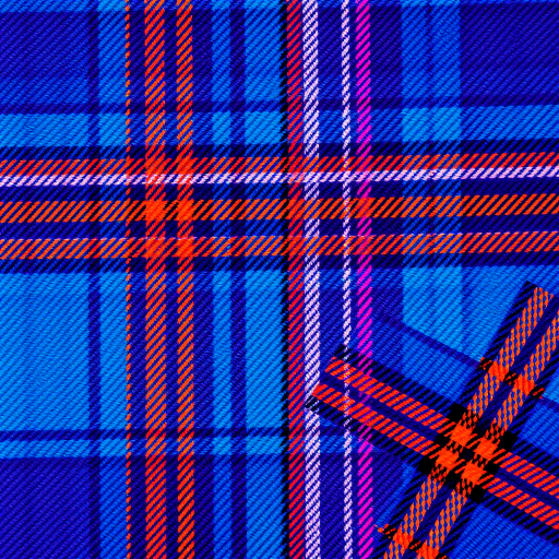Create a vibrant plaid pattern with blue, orange, and purple colors, captured with a DSLR camera at ISO 100, aperture f/8, and a focal length of 50mm, in a top-down view, using a macro lens to emphasize texture and detail.
