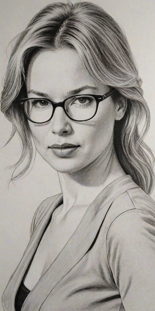 Superb Renee Zellweger, pencil sketch, portrait of Graceful woman 1977s in glasses, hair style beatnik, outline, clear lines, fine lines, 8k