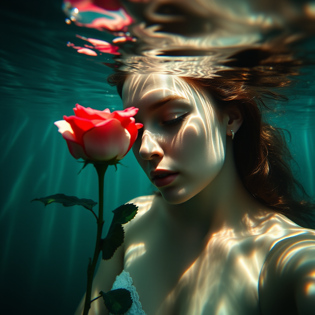 A woman underwater, gazing at a rose Her face is reflected in the water's surface The scene is illuminated by sunlight filtering through the water The atmosphere is serene and contemplative