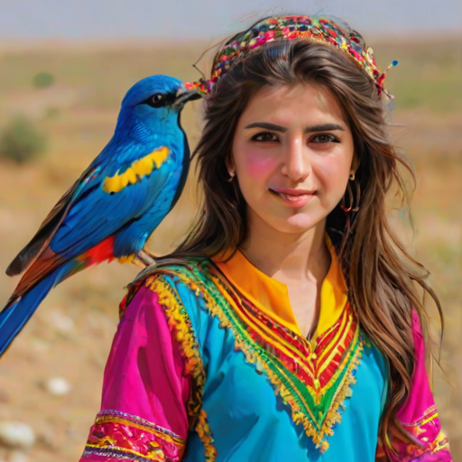 A beautiful Kurdish girl, wearing colorful bird clothing with vibrant colors