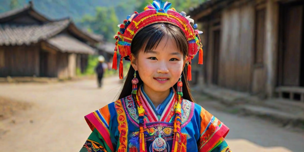 A beautiful Miao girl, wearing colorful bird clothing with vibrant colors