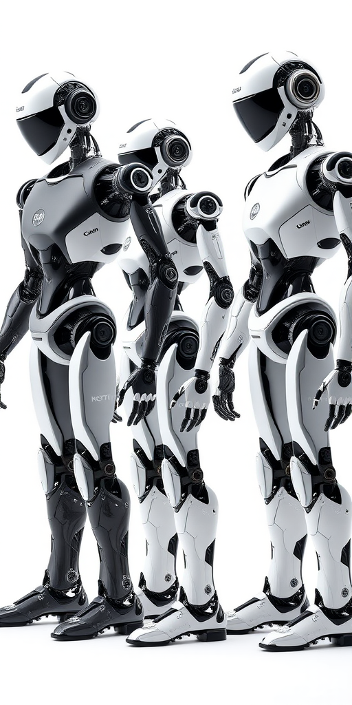 Create a high-resolution image of four humanoid robots in various poses showcasing their mechanical features, using a Canon EOS R5 camera, 50mm lens, f/1.8 aperture, ISO 100, in bright studio lighting, with a clean white background for enhanced contrast and clarity.