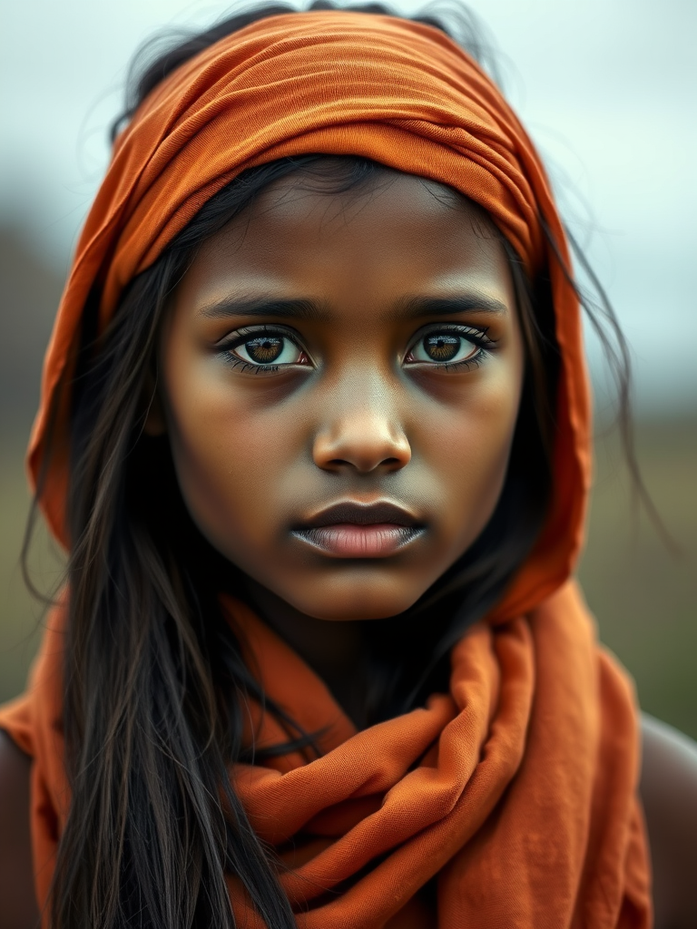 Create a portrait of a young Taino female with long, dark hair and captivating hazel eyes. She is wearing a orange headscarf and a matching scarf draped gracefully around her neck. The background is softly blurred, focusing attention on her serene and natural expression. The overall color palette is muted and warm, enhancing the intimate and authentic feel of the portrait.