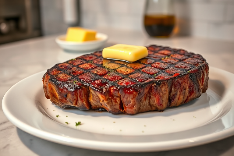 Create an image of a perfectly seared ribeye steak, resting on a white plate with a pat of melting butter on top. The steak is seasoned with fresh herbs like thyme and parsley, with glistening juices highlighting the texture of the meat. The background features a soft focus on a light, marble countertop, with a small dish of butter and an olive oil bottle in the distance. The overall mood should be warm and inviting, capturing the deliciousness and juiciness of the steak.
