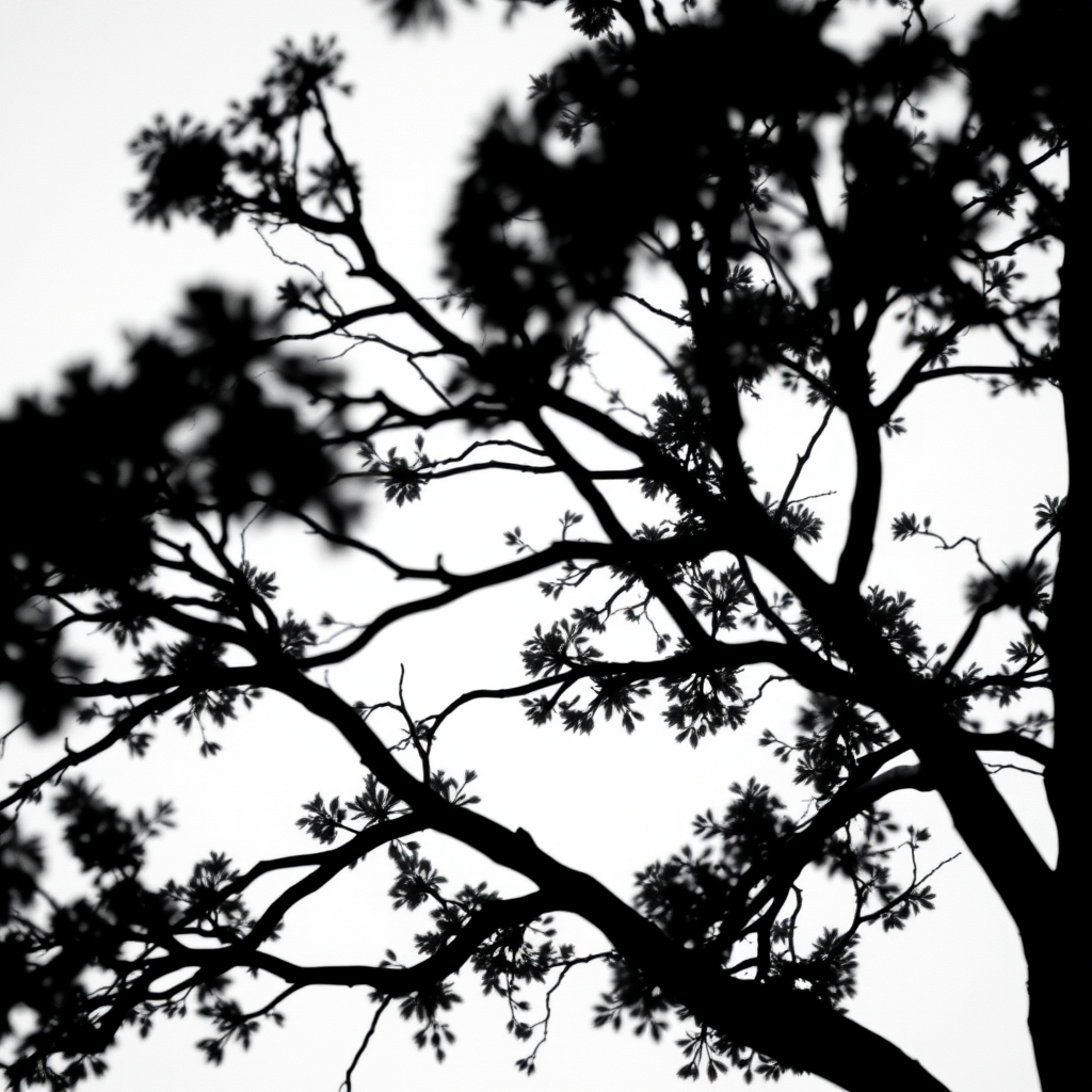 Create a high-resolution image of a minimalist black silhouette of a tree against a soft white background, captured with a DSLR camera at f/2.8 aperture, 1/125 shutter speed, ISO 100, using a 50mm lens from a low angle for a dramatic effect.