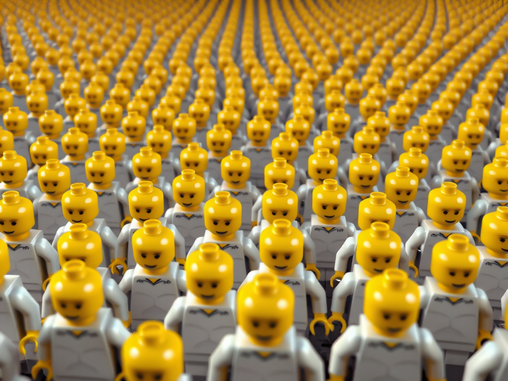 Create a 3D rendering of a vast crowd of Lego minifigures with yellow heads and white bodies, arranged in neat rows, shot with a Canon EOS R5 at f/8, ISO 100, 24mm lens, with a low-angle perspective and soft lighting for enhanced detail and depth.