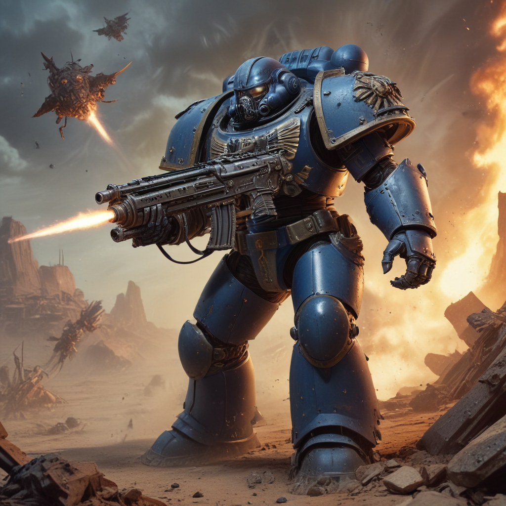 Space marine with heavy gun blasting alien insect