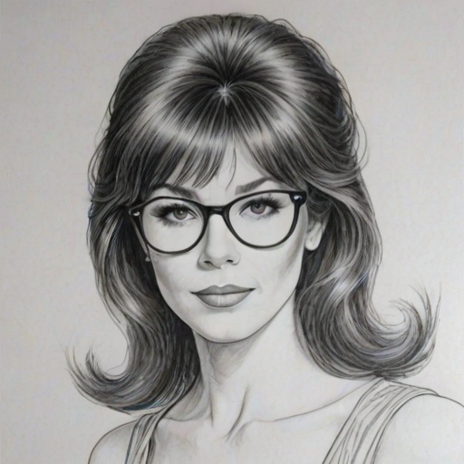 Pleasing Michele Lee, pencil sketch, portrait of Enchanting woman 1980s in glasses, hair style beatnik, outline, clear lines, fine lines, 8k