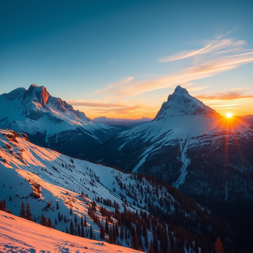 capture a breathtaking snowy mountain landscape during golden hour with a Canon EOS R5, 24mm lens, f/8 aperture, ISO 100, 1/250 sec shutter speed, vibrant colors and sharp details