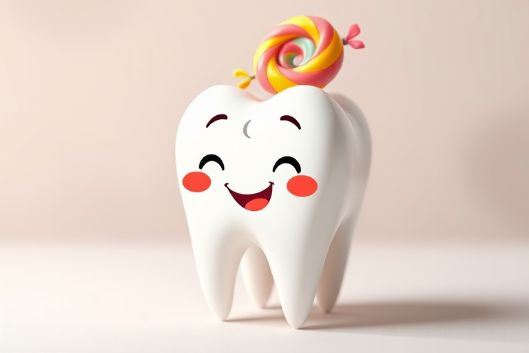create a cartoon-style illustration of a cute tooth character with a lollipop on top, using a vibrant color palette, captured with a DSLR camera at f/4 aperture, 50mm lens, ISO 200, in a well-lit studio environment with a soft focus background to enhance image quality