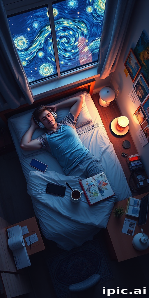 A top-down Van Gogh-style painting of a young man lying on his bed, listening to music with headphones. The room is softly lit with deep blues and purples, creating a peaceful nighttime atmosphere. The bed has a soft pillow, and the man's arms are resting behind his head. Around the bed, various glowing gadgets such as a smartphone, a laptop, and a small lamp are visible, casting a gentle light. The rest of the bedroom includes a desk with books, a chair, and a small rug on the floor. A window near the bed reveals a starry night sky with swirling stars, reminiscent of Van Gogh's 'Starry Night.' On the desk, there is a sketchbook with colorful drawings, a cup of coffee steaming gently, and a small potted plant. The walls have posters of famous paintings and a corkboard with pinned notes and photos. The scene is full of dynamic, swirling brushstrokes, capturing the essence of Van Gogh's unique style. The overall mood is serene and contemplative, with a touch of artistic inspiration.