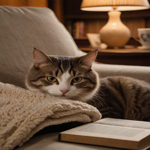 Warmly lit close-up of a cat curled up on a plush armchair, soft light from a nearby lamp casting a cozy glow, with a half-read book and a teacup on a wooden side table in the background.