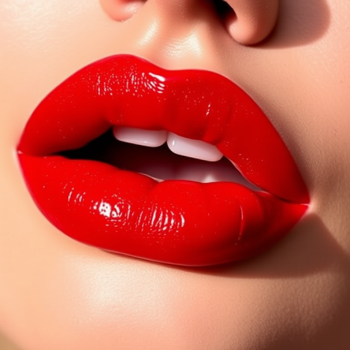 Vibrant "Cherry Bomb" lip color featuring a glossy finish, intense red hue with subtle shimmer, perfect for evening glamour and bold statements