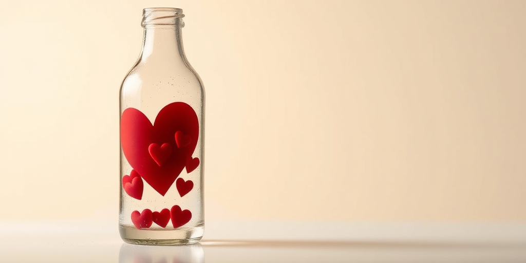 Create an image of a clear glass bottle with a large red heart design and smaller red hearts floating inside, with a soft gradient background, shot with a DSLR camera, 50mm lens, f/1.8 aperture, ISO 200, 1/100 second exposure, using low-key lighting to enhance reflections and details.