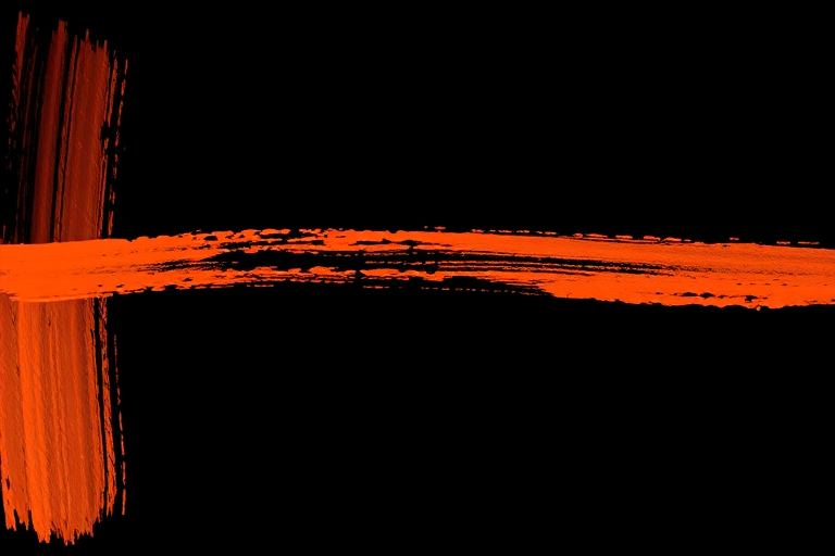 Create an abstract image featuring two horizontal brushstroke shapes in vibrant orange against a deep black background, captured with a DSLR camera, ISO 100, f/2.8, 50mm lens, shallow depth of field, and soft natural lighting for enhanced texture and contrast.