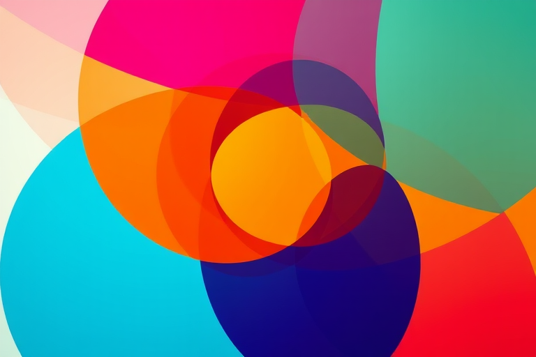 Create a high-resolution digital illustration of an abstract geometric design featuring overlapping circles and triangles with a vibrant color palette, captured using a DSLR camera at f/8 aperture, ISO 100, 50mm lens, natural lighting, top-down view.