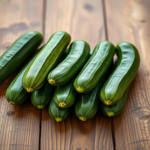 regenerate the image of multiple fresh cucumbers arranged aesthetically on a wooden surface, captured with a Canon EOS R5, 50mm lens, aperture f/2.8, ISO 200, natural lighting to enhance colors and texture
