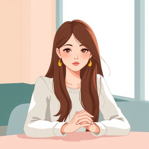 Create an illustration of a person with long brown hair and earrings, sitting at a table with hands clasped, using soft pastel colors and minimalistic lines, captured with a 50mm lens at f/1.8, ISO 200, and a bright, diffused natural light for a clean and modern look.