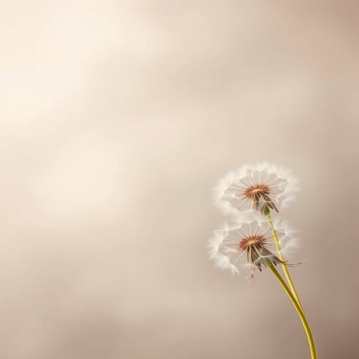 Create a soft, muted background with delicate dandelion seed illustrations in the corner, using a Canon EOS 5D Mark IV with a 50mm lens, aperture set to f/1.8, ISO 100, and a shallow depth of field to enhance the image quality and focus on the details of the seeds.