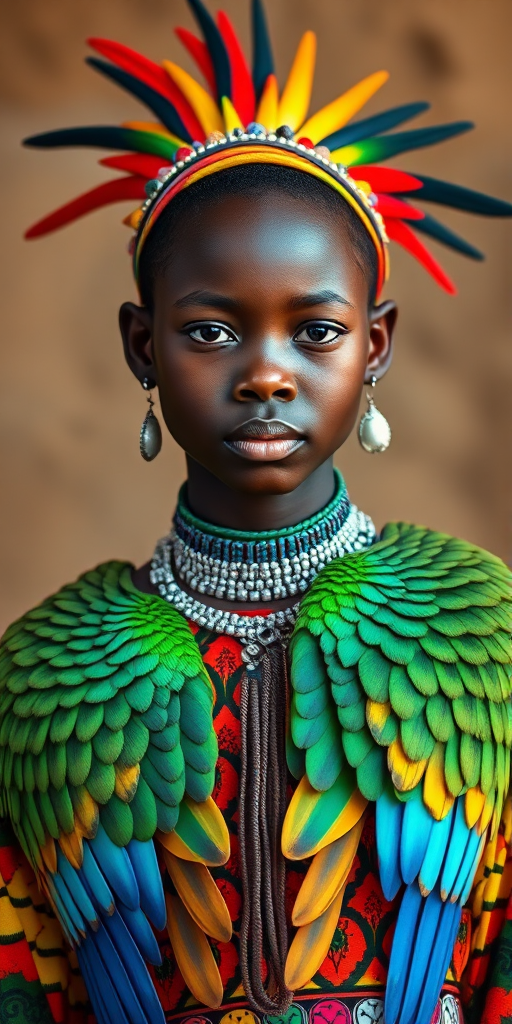 A beautiful Xhosa girl, wearing colorful bird clothing with vibrant colors